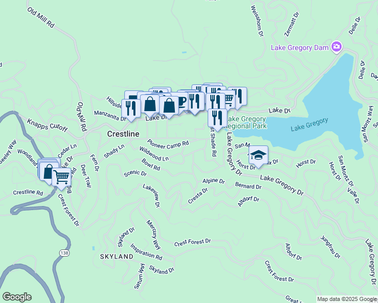 map of restaurants, bars, coffee shops, grocery stores, and more near 23961 Park Lane in Crestline