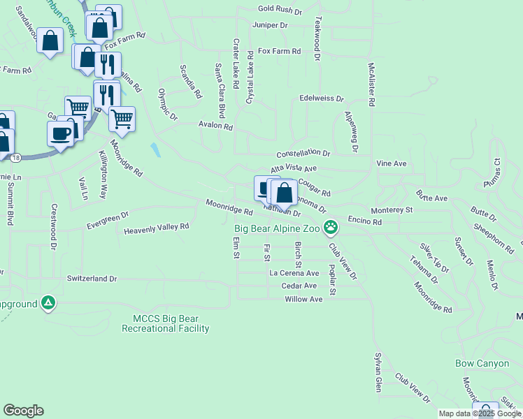 map of restaurants, bars, coffee shops, grocery stores, and more near 42592 Moonridge Road in Big Bear