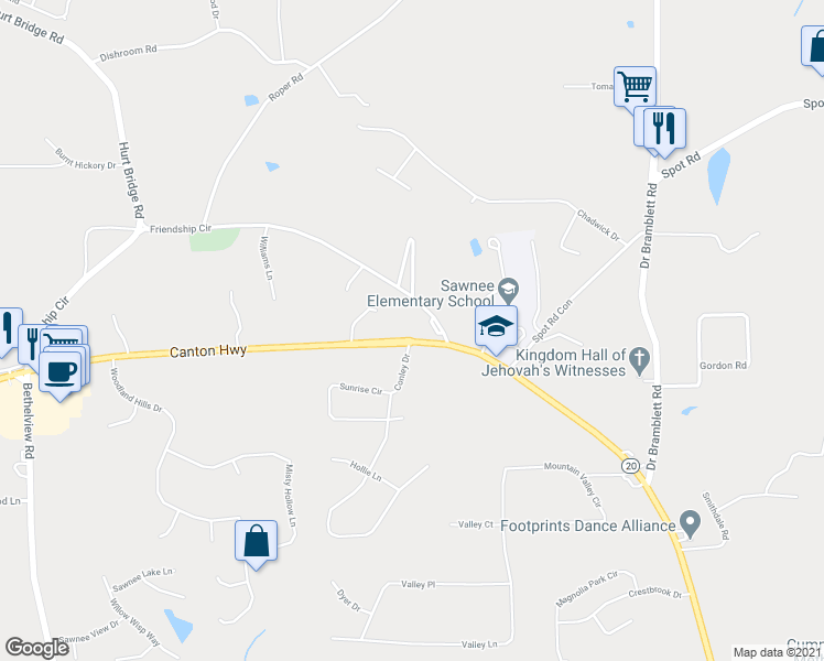 map of restaurants, bars, coffee shops, grocery stores, and more near 1742 Canton Highway in Cumming