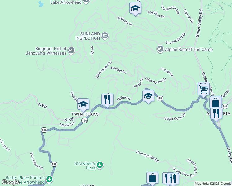map of restaurants, bars, coffee shops, grocery stores, and more near Club House Drive in Lake Arrowhead