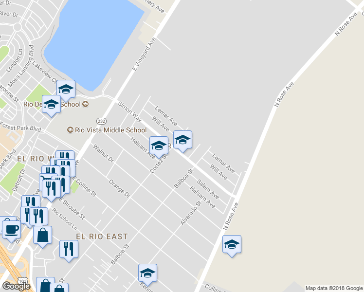 map of restaurants, bars, coffee shops, grocery stores, and more near 3411 Elaine Street in Oxnard