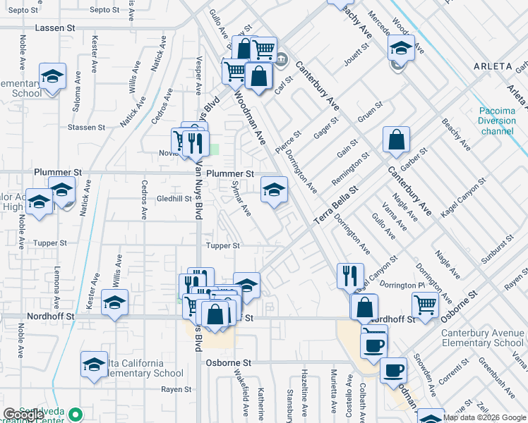 map of restaurants, bars, coffee shops, grocery stores, and more near 9373 Moonbeam Avenue in Los Angeles