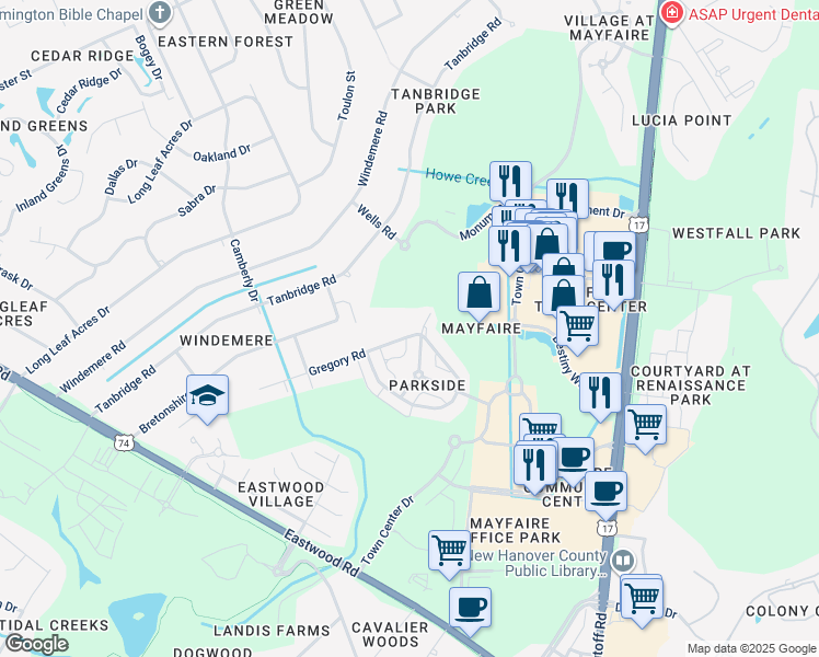 map of restaurants, bars, coffee shops, grocery stores, and more near 6253 Chalfont Circle in Wilmington