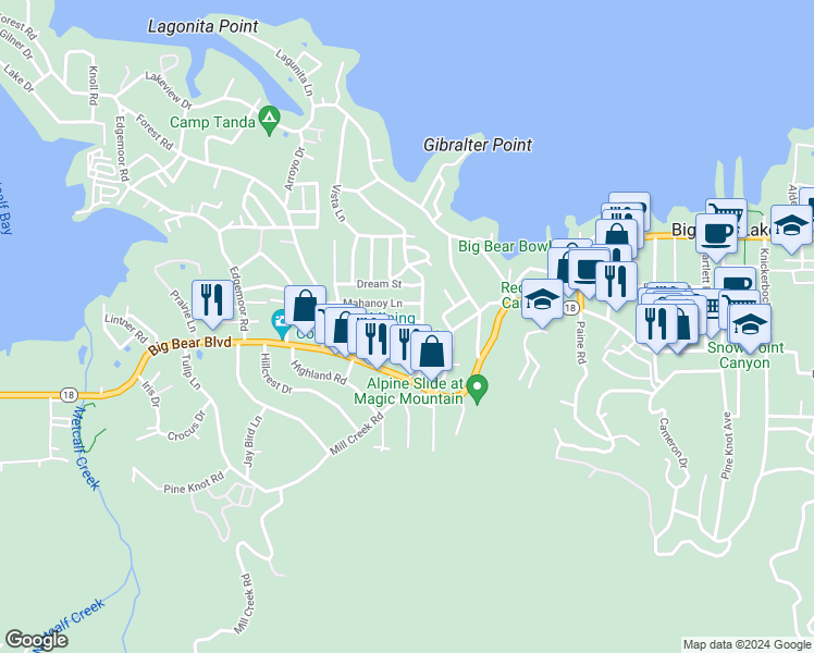 map of restaurants, bars, coffee shops, grocery stores, and more near 40249 Esterly Lane in Big Bear Lake