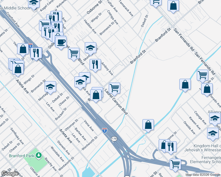 map of restaurants, bars, coffee shops, grocery stores, and more near 12819 Ottoman Street in Los Angeles
