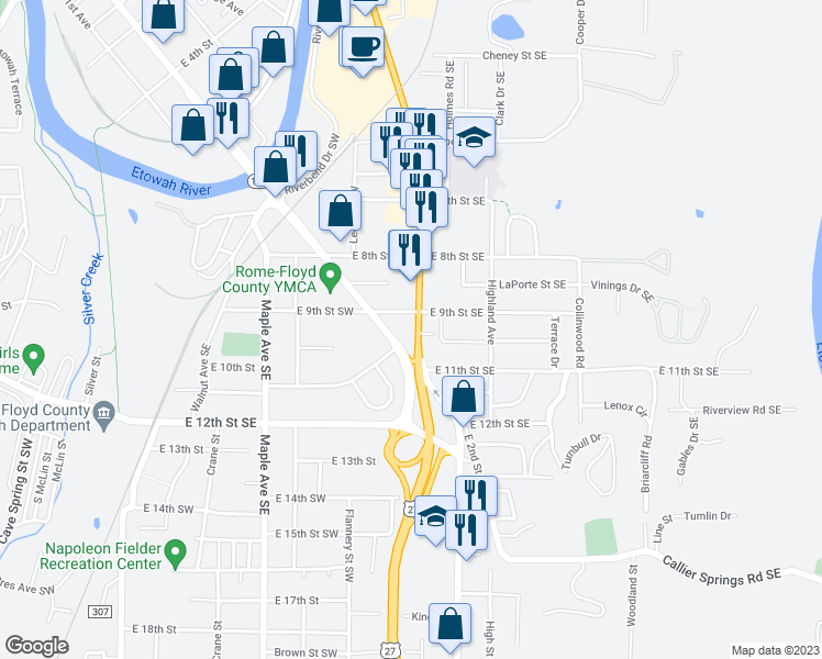 map of restaurants, bars, coffee shops, grocery stores, and more near 1902 Turner McCall Boulevard in Rome