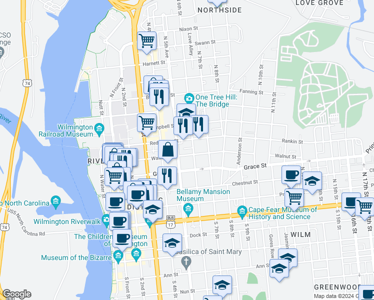 map of restaurants, bars, coffee shops, grocery stores, and more near 508 Peabody Alley in Wilmington