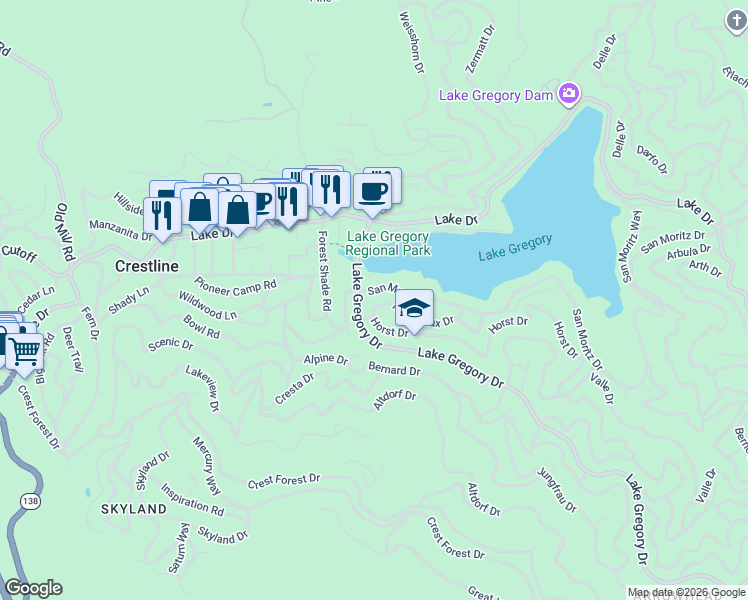 map of restaurants, bars, coffee shops, grocery stores, and more near 24169 San Moritz Drive in Crestline