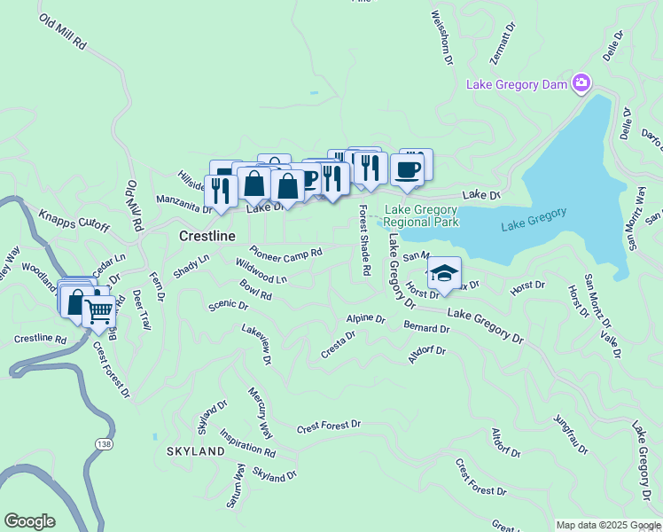 map of restaurants, bars, coffee shops, grocery stores, and more near 23986 Wildwood Lane in Crestline