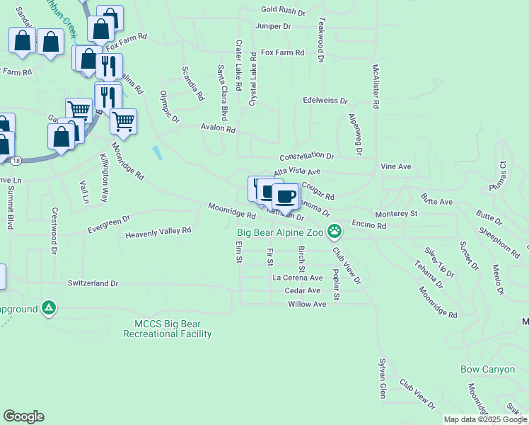 map of restaurants, bars, coffee shops, grocery stores, and more near 42592 Moonridge Road in Big Bear