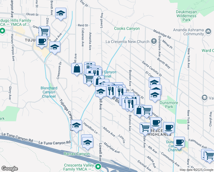 map of restaurants, bars, coffee shops, grocery stores, and more near 3938 Vista Court in Glendale