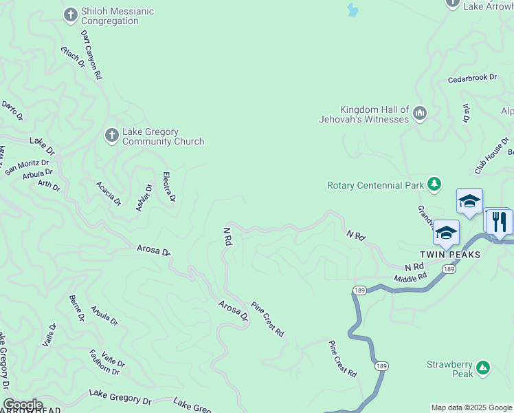 map of restaurants, bars, coffee shops, grocery stores, and more near 721 Chillon Drive in Crestline