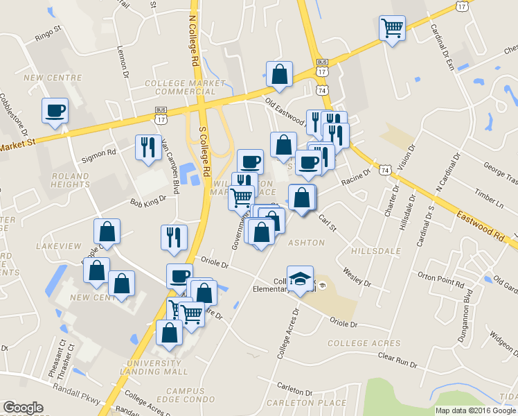 map of restaurants, bars, coffee shops, grocery stores, and more near Government Center Drive in Wilmington