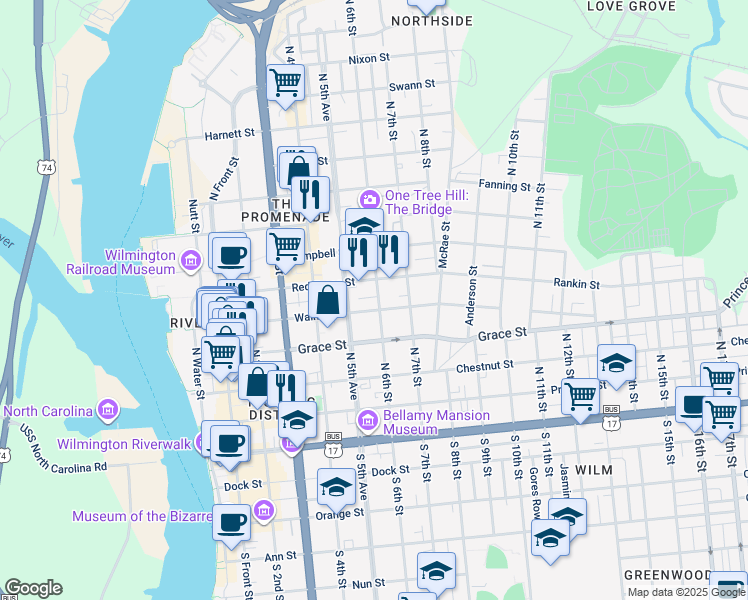 map of restaurants, bars, coffee shops, grocery stores, and more near 409 North 6th Street in Wilmington