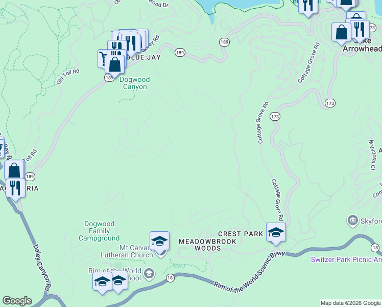 map of restaurants, bars, coffee shops, grocery stores, and more near 720 Blue Jay Canyon Road in Lake Arrowhead