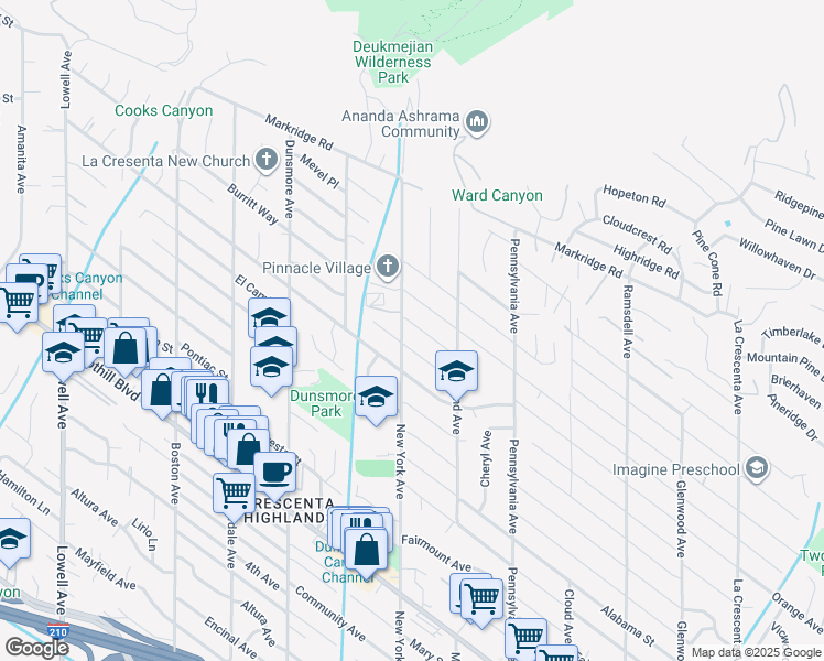 map of restaurants, bars, coffee shops, grocery stores, and more near 3348 Burritt Way in Glendale