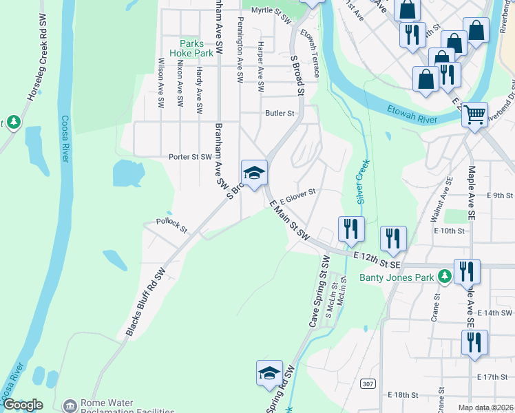 map of restaurants, bars, coffee shops, grocery stores, and more near 6 East Glover Street in Rome