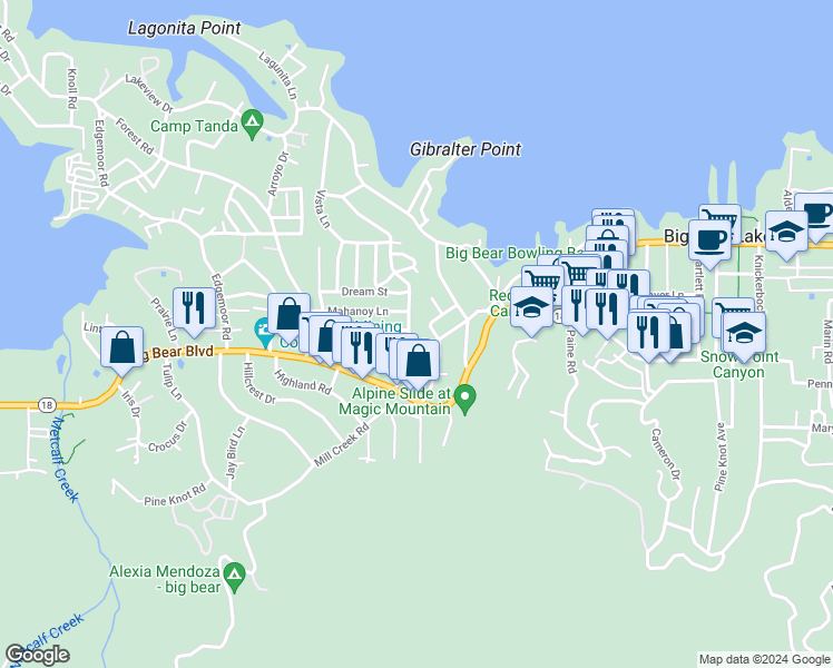map of restaurants, bars, coffee shops, grocery stores, and more near 653 Temple Lane in Big Bear Lake