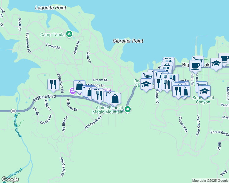 map of restaurants, bars, coffee shops, grocery stores, and more near 653 Temple Lane in Big Bear Lake