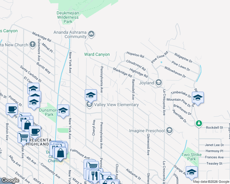 map of restaurants, bars, coffee shops, grocery stores, and more near 5147 Cloud Avenue in La Crescenta-Montrose