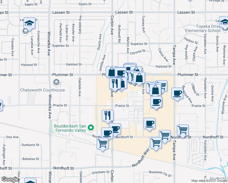 map of restaurants, bars, coffee shops, grocery stores, and more near 9345 Melvin Avenue in Los Angeles