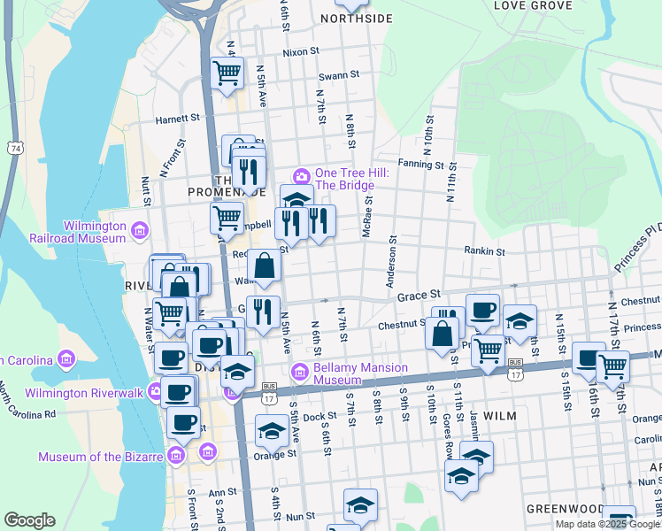 map of restaurants, bars, coffee shops, grocery stores, and more near 319 North 7th Street in Wilmington