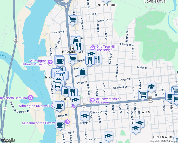 map of restaurants, bars, coffee shops, grocery stores, and more near 513 Walnut Street in Wilmington