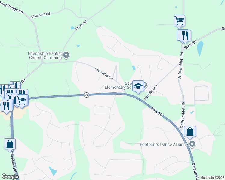 map of restaurants, bars, coffee shops, grocery stores, and more near 1742 Canton Highway in Cumming