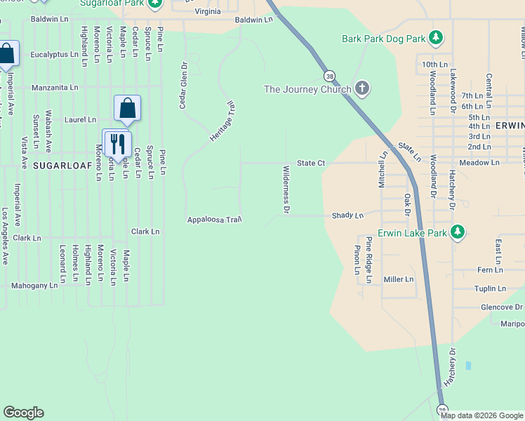map of restaurants, bars, coffee shops, grocery stores, and more near 1801 Shady Lane in Big Bear