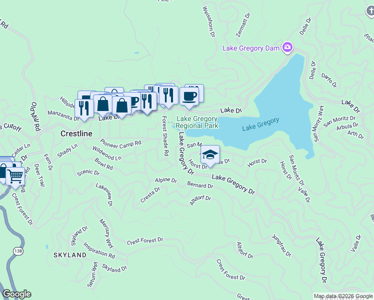 map of restaurants, bars, coffee shops, grocery stores, and more near 24155 San Moritz Drive in Crestline
