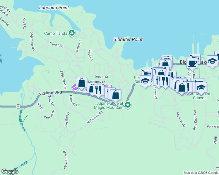 map of restaurants, bars, coffee shops, grocery stores, and more near 40249 Esterly Lane in Big Bear Lake