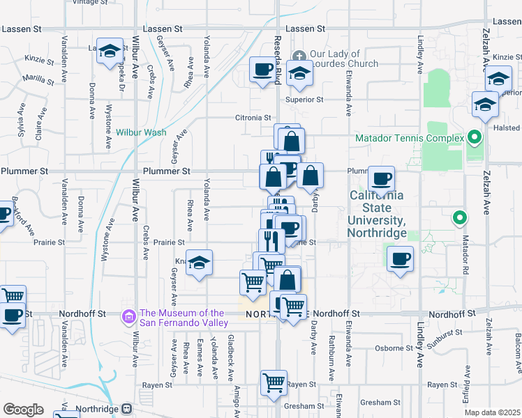 map of restaurants, bars, coffee shops, grocery stores, and more near 18540 Vincennes Street in Los Angeles