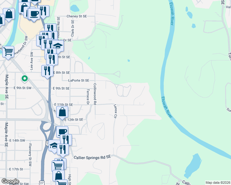 map of restaurants, bars, coffee shops, grocery stores, and more near 108 Vinings Court in Rome