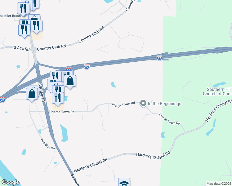 map of restaurants, bars, coffee shops, grocery stores, and more near 210 Pierce Town Road in Fulton