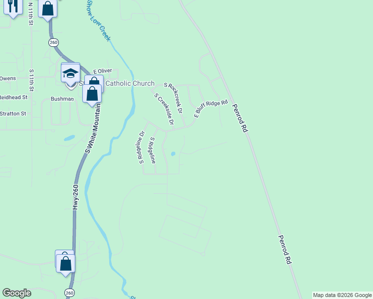 map of restaurants, bars, coffee shops, grocery stores, and more near 1020 South Ridgeway Place in Show Low