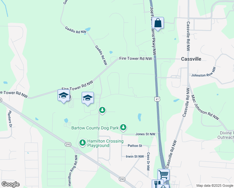 map of restaurants, bars, coffee shops, grocery stores, and more near Jane Boulevard in Bartow County