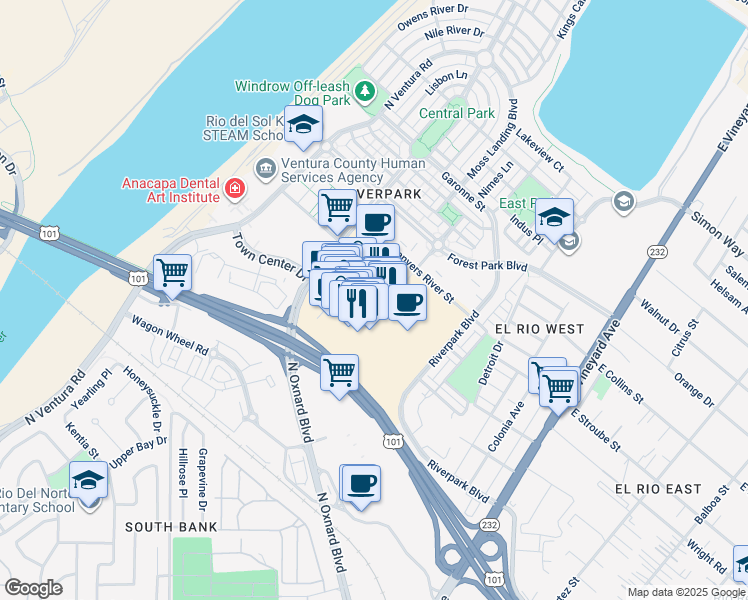 map of restaurants, bars, coffee shops, grocery stores, and more near 610 Collection Boulevard in Oxnard