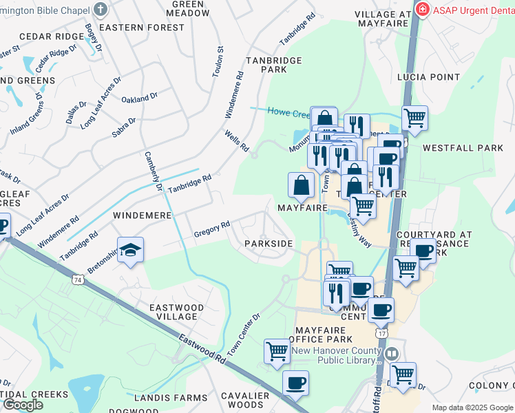 map of restaurants, bars, coffee shops, grocery stores, and more near 6253 Chalfont Circle in Wilmington