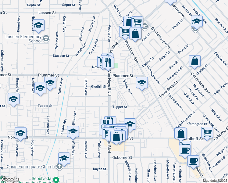 map of restaurants, bars, coffee shops, grocery stores, and more near 9404 Van Nuys Boulevard in Los Angeles