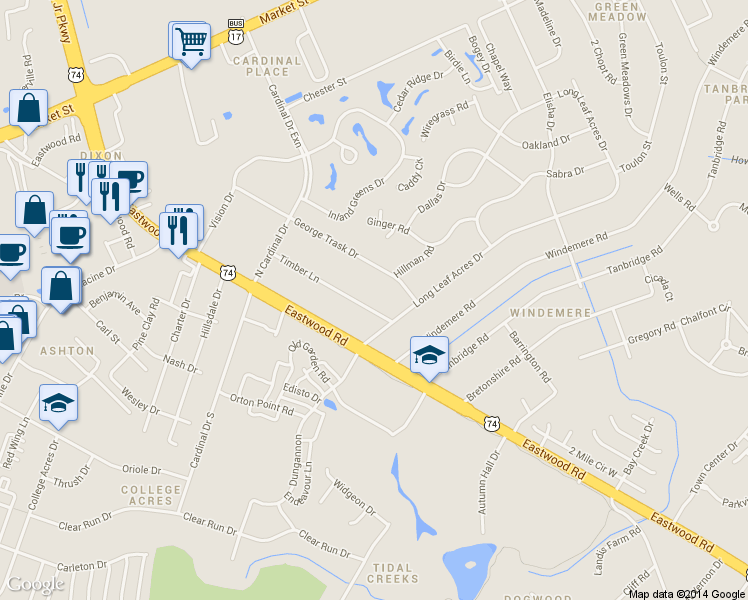map of restaurants, bars, coffee shops, grocery stores, and more near 755 Timber Lane in Wilmington