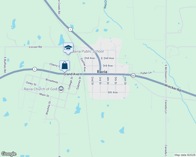 map of restaurants, bars, coffee shops, grocery stores, and more near 306 Washington Avenue in Ravia
