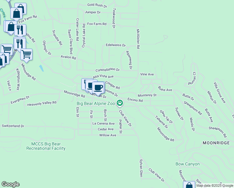 map of restaurants, bars, coffee shops, grocery stores, and more near 42766 Sonoma Drive in Big Bear
