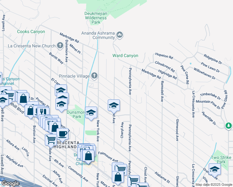 map of restaurants, bars, coffee shops, grocery stores, and more near 3257 Brookhill Street in Glendale