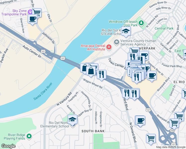 map of restaurants, bars, coffee shops, grocery stores, and more near 2870 Wagon Wheel Road in Oxnard