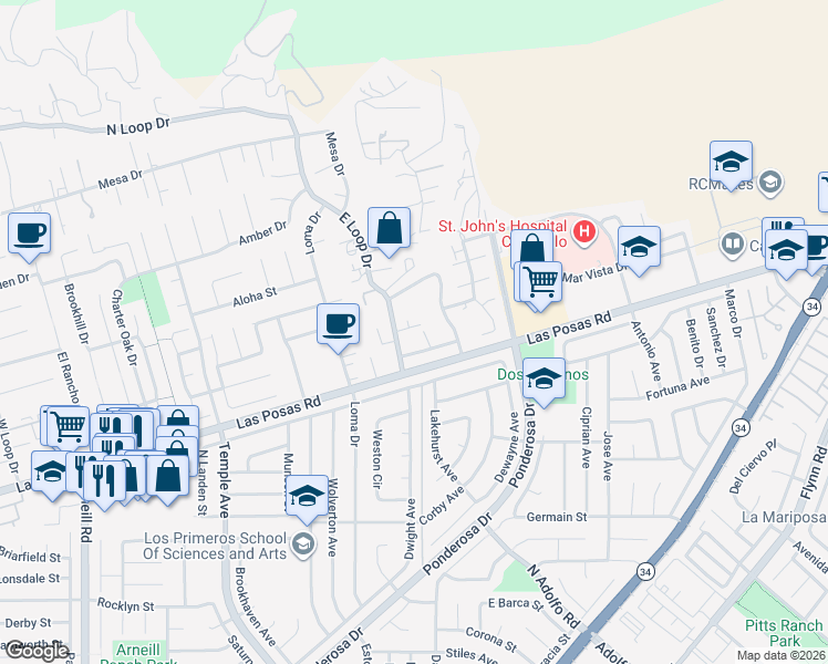 map of restaurants, bars, coffee shops, grocery stores, and more near 2277 El Nido Court in Camarillo