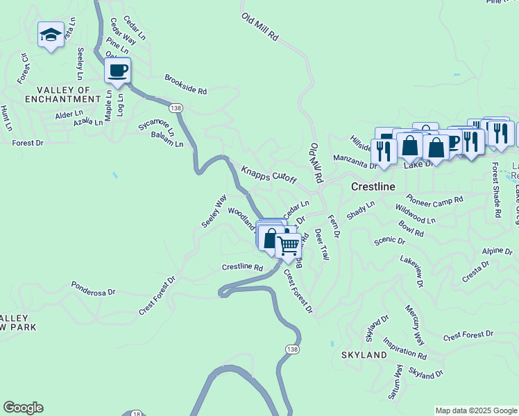 map of restaurants, bars, coffee shops, grocery stores, and more near 693 California 138 in Crestline