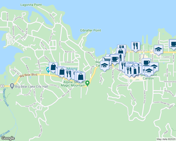 map of restaurants, bars, coffee shops, grocery stores, and more near 40355 Cliff Lane in Big Bear Lake