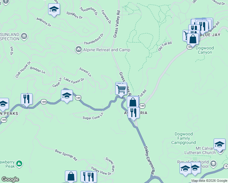 map of restaurants, bars, coffee shops, grocery stores, and more near 12370 Lake Forest Drive in Twin Peaks