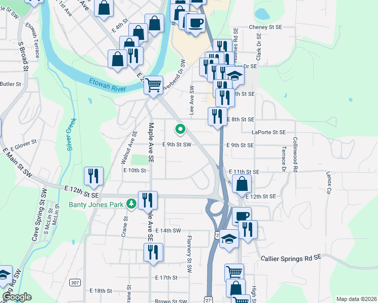 map of restaurants, bars, coffee shops, grocery stores, and more near 214 East 9th Street Southwest in Rome