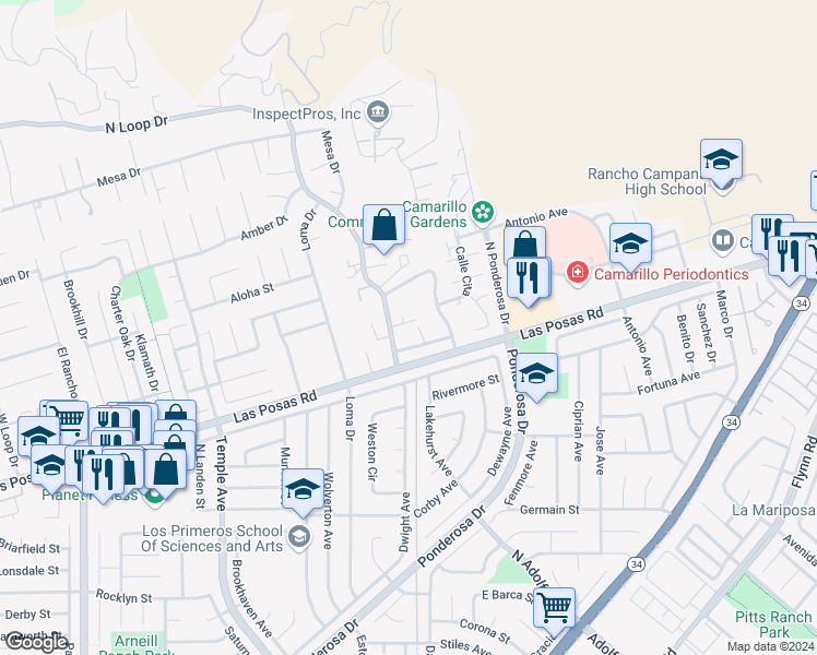 map of restaurants, bars, coffee shops, grocery stores, and more near 2277 El Nido Court in Camarillo